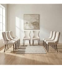 OVENTA Modern Armless Dining Chairs Set of 4, Mid-Century Contemporary Side Chairs with Solid Rubber Wood Legs, Beige Upholstered Fabric Accent Chairs for Dining Room, Kitchen, Living Room