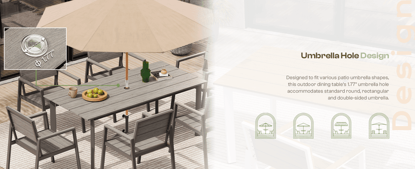 Outdoor Dining Set, Patio Table and Chairs Set with Umbrella Hole, 7 Pieces HDPS + Aluminum Patio Dining Furniture Set for Backyard, Garden (Gray & Teak)