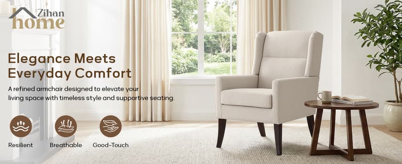 Zihanhome High Back Living Room Chairs, Fabric Accent Chair, Comfy Upholstered Armchair with Wooden Legs for Living Room, Bedroom, Apartment (1, Beige)