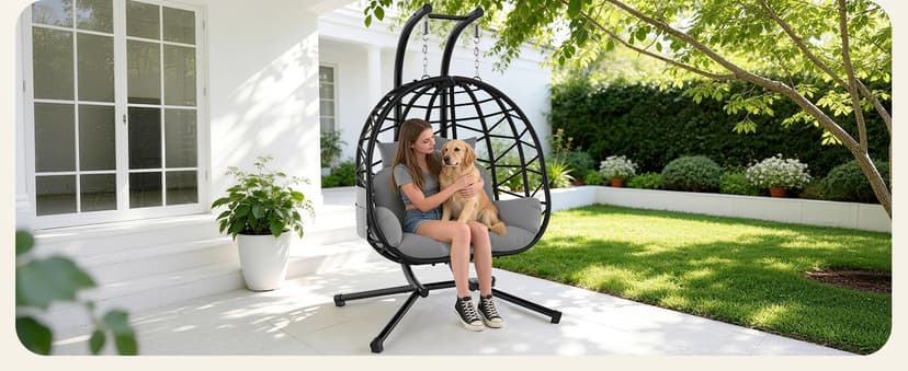 Suteck Double Hanging Egg Chair with Stand, Outdoor Indoor 2 Person Wicker Egg Swing Chair with Cushion, 700lbs Capacity for Patio, Bedroom, Garden - Black