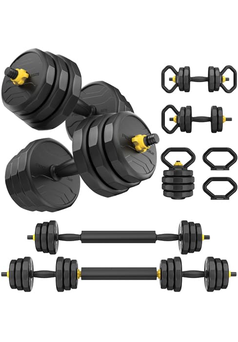 FEIERDUN Adjustable Dumbbells, 20/30/40/45/70/90lbs Free Weight Set with Connector, 5 in1 Dumbbells Set Used as Barbell, Kettlebells, Push up Stand, Weight Plate, Fitness Exercises for Home Gym Suitable Men/Women