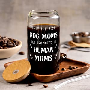 New Mom Gifts for Pregnant Women, 16oz Drinking Glass Cup with Lid and Straw, Funny Dog Mom Pregnancy Gift for Expecting Mom, Mother to be - Postpartum, Mothers Day, Birthday Gifts for First Time Moms