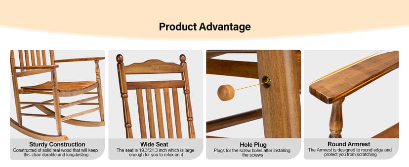 VINGLI Wooden Rocking Chair, Outdoor Chair with 450 lbs Support, Relaxing Rocker with Solid Wood High Back Seat Reclining Seat for Deck, Garden, Backyard, Porch, Indoor or Outdoor Use (Teak, 1PC)