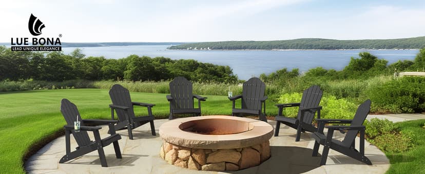 LUE BONA HDPE Adirondack Chairs Set of 4 - Weather Resistant Seating with Cup Holder for Patio, Fire Pit, Deck & Resort Garden, Black
