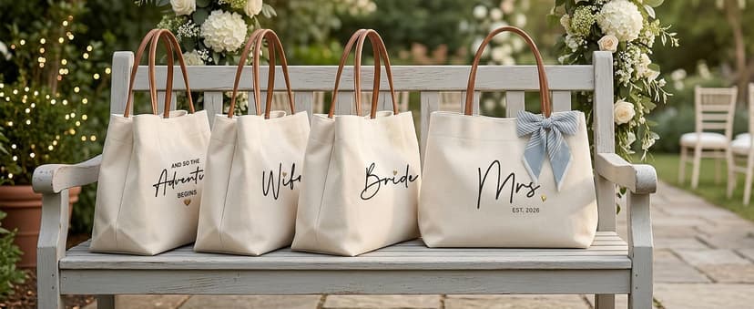 Engagement Gift for Bride, Wifey, Bachelorette Party Favors, Honeymoon, Wedding Essentials Bag with Leather Handle & Pocket Bridal Shower Gifts Bride Tote Bag for Bride to Be, Future Mrs B0GTV3F3QJ