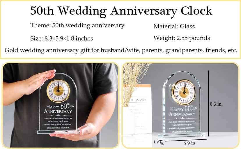 YWHL 50th Wedding Anniversary Quartz Clock Gifts for Parents, 50 Years Golden for Couple, Happy 50th Anniversary Decoration Gift for Her Him (Battery not Included)
