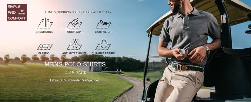TELALEO 4/5 Pack Mens Polo Shirts Quick Dry Short Sleeve Golf T Shirt Performance Moisture Wicking Casual Workout