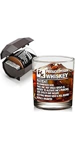 Prescription Whiskey Glass, Funny Rocks Glass & Bourbon Barrel Set for Brother Boyfriend Father Husband Coworker on Christmas & Birthday, White Elephant Cool Gag Gifts for Men