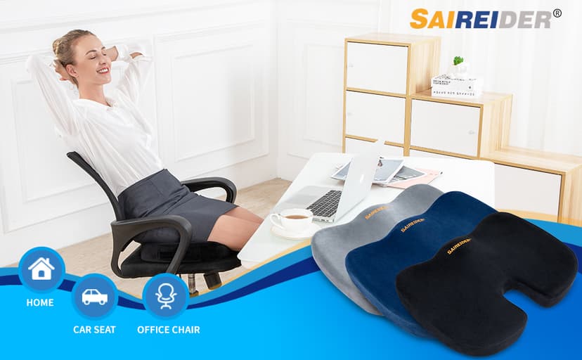 SAIREIDER Office Chair Cushion, Car Seat Cushion, Memory Foam Coccyx Cushion Pads for Tailbone Pain, Sciatica Relief Pillow, Correct Sitting Posture (Black)