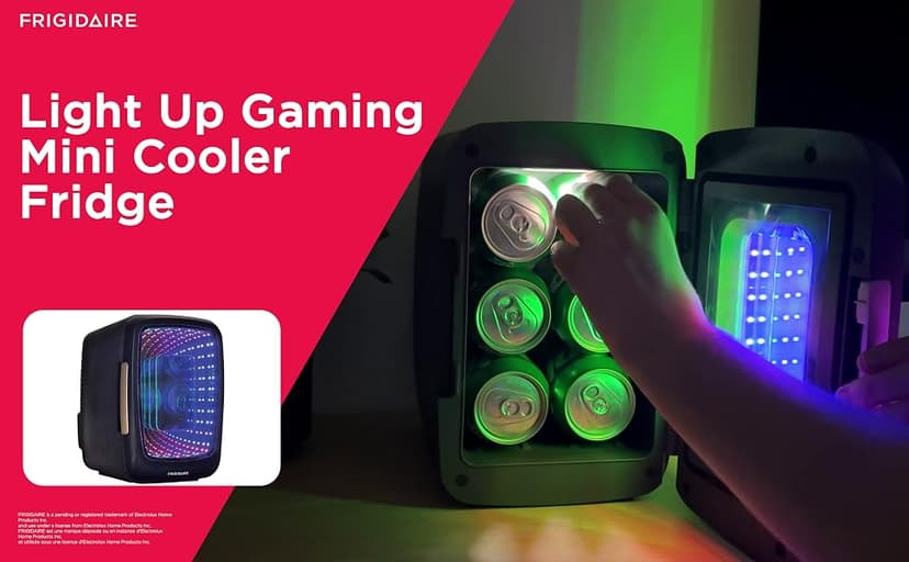 Personal Fridge Cooler, LED Light Door, Perfect for Gaming, Home, Office, or Car, Includes AC and 12V Car Charger Frigidaire, Mini Fridge Cooler, Holds Up to 6 Cans, B0BGYK6SVQ