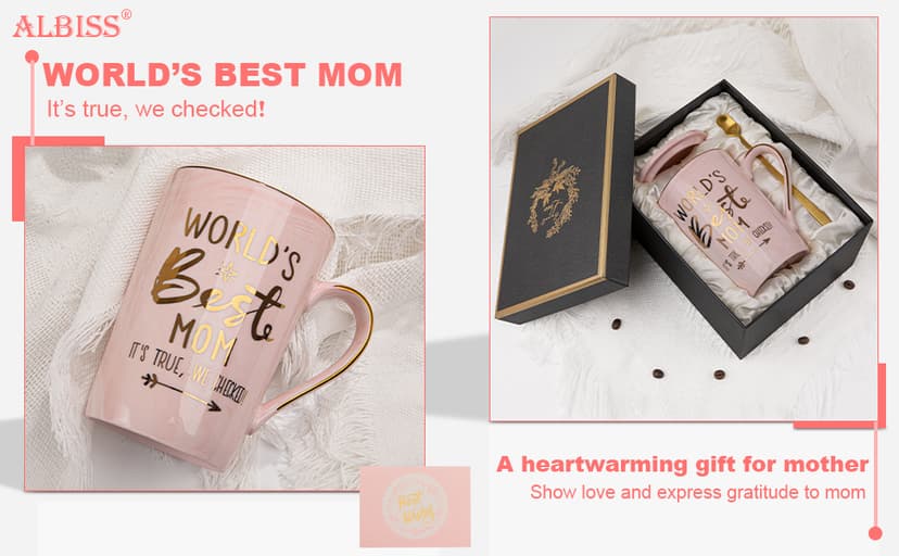 Unique Marble Gold Print Coffee Cup with Lid, Spoon, Greeting Card, Happy Moms Mothers Day Gifts Idea, Luxury Gift Boxed Set Birthday Gifts for Mom from Daughter Son, 14oz Funny Best Mom Mug, Pink B09Z7KFN1Y