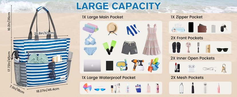 G4Free Beach Bag, Waterproof Sandproof Beach Tote Bag, Large Capacity Foldable for Women