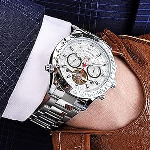 FORSINING Men Tourbillon Mechanical Self-Wind Watch, Day Date Month Full Calendar, Luminous Tachymeter Multifunctional Automatic Watches, Carved Big Dial Stainless Steel Band Wrist Watch