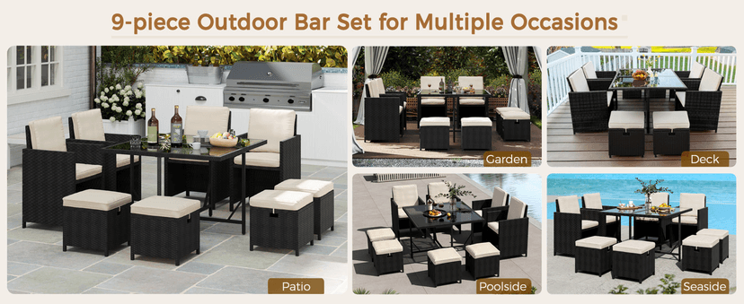 Yaheetech 9-Piece Patio Dining Sets, Outdoor Space Saving Rattan Chairs with Glass Table, Wicker Sectional Conversation Furniture Set with Removeable Cushions, Black/Beige