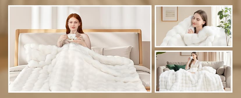 Touchat Luxury 1000GSM Faux Rabbit Fur Throw Blanket, Super Heavy Warm Cozy Blankets for Couch Bed Sofa, Bubble Plush Fuzzy Elegant Soft Reversible Mink Blanket for Living Room Bedroom, Cream White