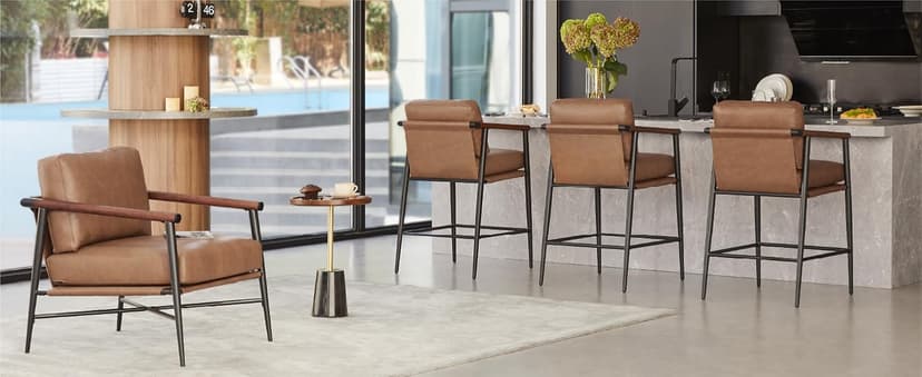 Watson & Whitely Mid Century Modern Barstools Set of 2, 26" H Upholstered Counter Height Bar Stools with Wood Armrests and Metal Legs, Fabric in Beige