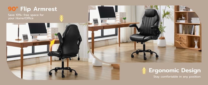 Ylzyxal Office Desk Chair, Ergonomic Computer Chair with Padded Flip-Up Arms and Adjustable Lumbar Support, PU Leather Executive Chair with Tilt Lock and 360° Swivel Rolling Wheels for Work, Study