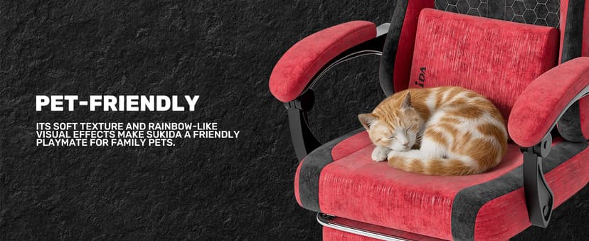 SUKIDA Fabric Video Gaming Chair, Ergonomic High-Back Computer Game Chairs with Large Massage Adjustable Lumbar Support, Headrest and Linked Armrests for Long Hours Sitting Task Chair, Red
