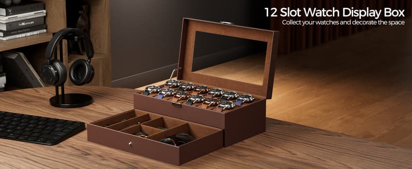 ProCase ProCase Watch Box, 12 Slot Mens Watch Case With Drawer, 2-Layer Watch Display Case With Glass Lid, Mens Jewelry Box Storage Holder Organizer, Birthday Valentine Gifts for Men -12Slot, Espresso