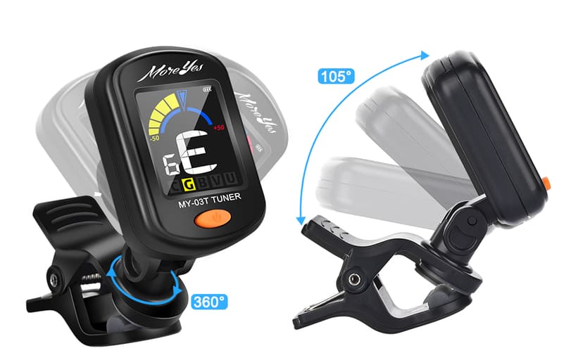 MOREYES Rechargeable Guitar Tuner Clip On with 28Pcs Guitar Picks, Guitar Tuner for Acoustic Guitar, Electric Guitar, Bass, Ukulele & Chromatic Tuning Modes, Full Color Display