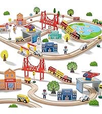 Tiny Land 55PCS Wooden Train Set - Compatible with Major Brand Tracks, Educational Toy for Toddlers & Kids Ages 3-7, Durable Wooden Railway Tracks