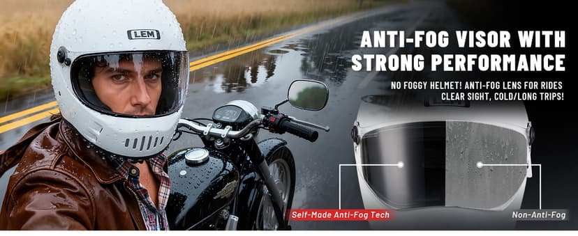 LEM Motorcycle Helmet Full Face for Men and Women, Retro Vintage Classic Open Face Style, Lightweight Fiberglass Shell, DOT Certified, for Cruiser, Cafe Racer, Scooter, Commuter (White, Size XL) Kick