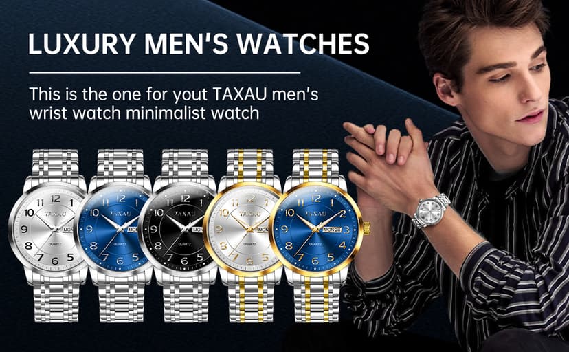 Taxau Watches for Men Stainless Steel Waterproof Two Tone Luxury Casual Silver Wrist Watch Quartz Analog Business Big Face Classic Dress Mens Watches with Day Date