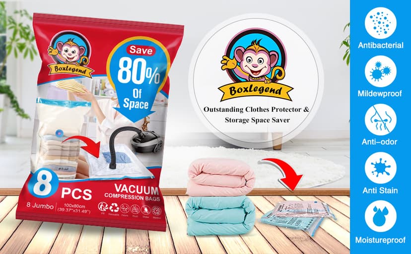 BoxLegend Vacuum Storage Bags with Large Size Hand Pump 8 Jumbo 31.5’’x39.37’' Thickened Vacuum Seal Bags for Clothing Space Saving Vacuum Pack Storage Bags for Pillow Comforters Bedding