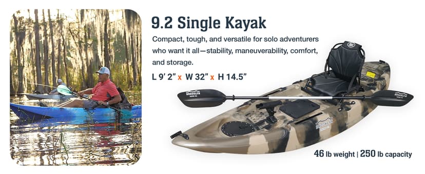 Brooklyn 12.5 Tandem Sit-On-Top Fishing Kayak by BKC, 2–3 Person Kayak with Padded Seats, Paddles, 6 Rod Holders, 600 lb Capacity, Motor-Ready