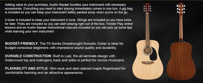 Fender Dreadnought Acoustic Guitar - Natural Bundle with Gig Bag, Tuner, Strings, Picks, and Austin Bazaar Instructional DVD