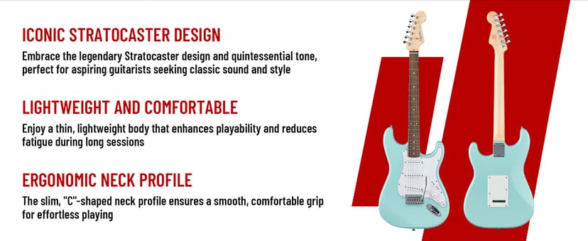 Fender Squier Stratocaster Electric Guitar - Daphne Blue Bundle with Amplifier, Gig Bag, Cable, Strap, Picks, and Austin Bazaar Instructional Video