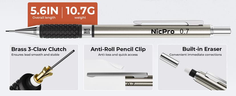 Nicpro 0.7 mm Art Mechanical Pencil Set in Storage Case, 3 PCS Metal Drafting Pencil Lead Pencil with 6 Tube HB Lead Refills, 3 Erasers, 9 PCS Eraser Refills for Artist Writing, Drawing, Sketching