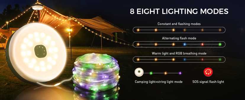 Quick Storage Rechargeable Tent Light,Waterproof Hanging LED Design for Awning Patio Indoor Outdoor Decor Camping Essentials Camping String Lights, 32.8FT Rechargeable with Storage Reel, 8 Modes B0F3HZZNNP