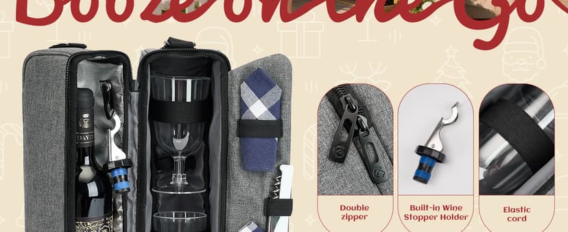 ALLCAMP Wine Bag - Insulated Cooler Bag with Wine Glasses, Bottle Opener & Wine Accessories for Wine Lovers - Portable Wine Gift Bag for Travel, Picnics, and Gift Ideas(Gray)