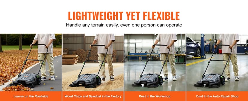 VEVOR Walk-Behind Hand Push Floor Sweeper, 25.6" Sweeping Width Floor Sweeper Manual Non-Electric, 5-Gallon Waste Container, Angle & Height Adjustable Folding Handle for Walkway, Yard, Garage, Patio