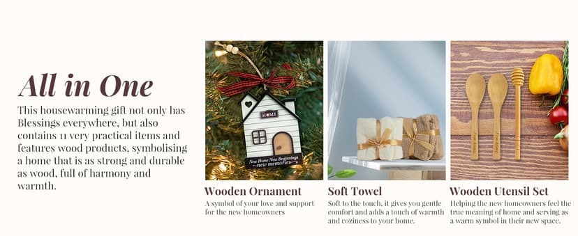 Synhonty New Home Gift Ideas Basket, 11 Pcs: Bamboo Serving Board, Wooden Decoration, Soy Candle, Towels & More - White