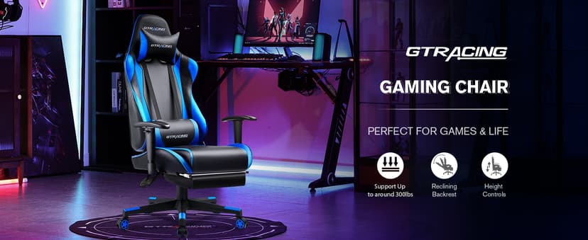 GTRACING Gaming Chair with Footrest, Ergonomic Computer Game Desk Chair, Reclining Game Chair Seat Height Adjustment, Swivel Rocker with Headrest and Lumbar (Blue)