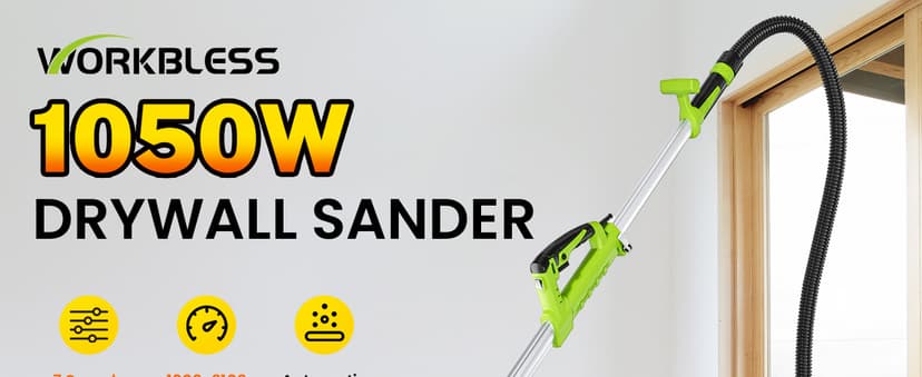 WorkBless Drywall Sander, 1050W 7.2A Popcorn Ceiling Removal Tool, Automatic Drywall Sander with Vacuum Dust Collector, 7 Variable Speed 1000-2100RPM, 15Pcs Sanding Discs(Green)