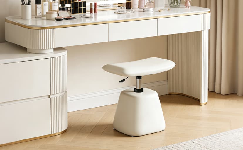 Modern Small Vanity Chair with Armless for Small Space, Entryway, Cute Swivel Makeup Chair with Adjustable Height, PU Leather Upholstered Home Office Desk Chair for Living Room, Bedroom, Vanity
