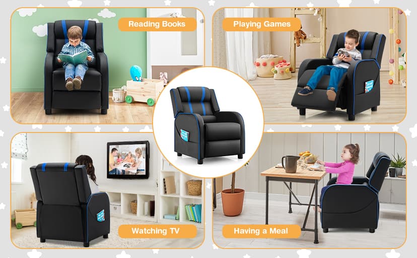 Costzon Kids Recliner, Gaming Recliner Chair w/Side Pockets, Footrest, Headrest & Lumbar Support for Kids Room & Play Room, Adjustable Racing Style Leather Sofa for Children Boys Girls (Blue, Black)