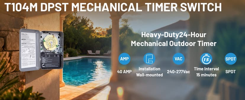 T104M Mechanical Time Switch (Mechanism Only), 208-277V AC 40A DPST, 24-Hour Dial with 12 ON/Off Trips, Heavy-Duty Timer Switch for Pool Pumps Water Heater Lighting and HVAC, with 4 Timer Trippers