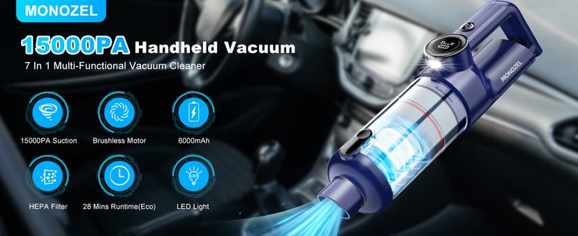 MONOZEL Handheld Vacuum Cordless - Car Vacuum Cleaner with Brushless Motor, 15kPa Powerful Suction Vacuum with LED Light, Type C Port, 2 Fliters, Portable Hand Vacuum for Home, Pet and Car