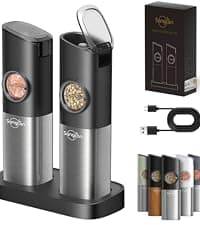 Sangcon Gravity Electric Salt and Pepper Grinder Set Automatic Shakers Mill Grinder with LED Light, BATTERY POWERED Adjustable Coarseness One Hand Operation, Upgraded Larger Capacity