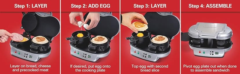 Hamilton Beach Dual Breakfast Sandwich Maker with Timer, Ready in 5 Minutes, Removable Dishwasher Safe PFAS-Free Non-Stick Egg Cooker Ring, Silver (25490MNA)
