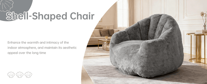 Bean Bag Chair, Giant Beanbag Chiars for Adults, Faux Fur Shell-Shaped Floor Sofa with Filler, Comfy Chair for Reading, Gaming and Relax (Grey)