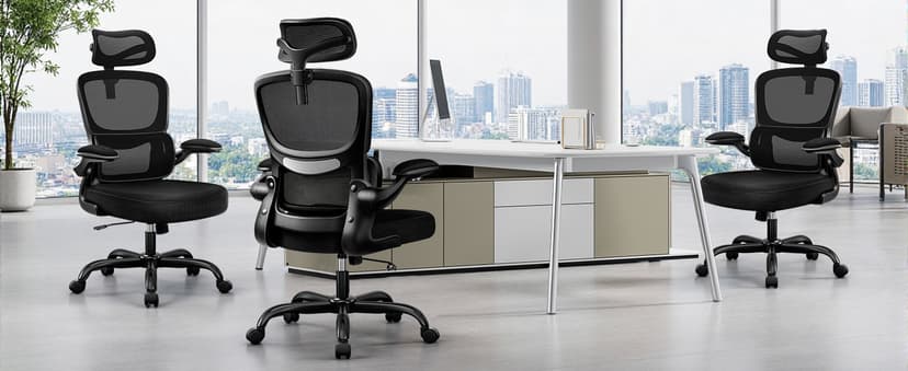 BESTFAIR High Back Ergonomic Office Chair, Breathable Mesh Desk Chair with Lumbar Support, Adjustable Headrest, Flip-up Armrests, Computer Gaming Chair, (Black)