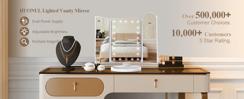 HUONUL Makeup Mirror Vanity Mirror with Lights, 2X, 3X, 10X Magnification, Touch Control, Trifold, White, 9.4" L x 13.4" W, Modern Style, Dresser Mount, Bathroom