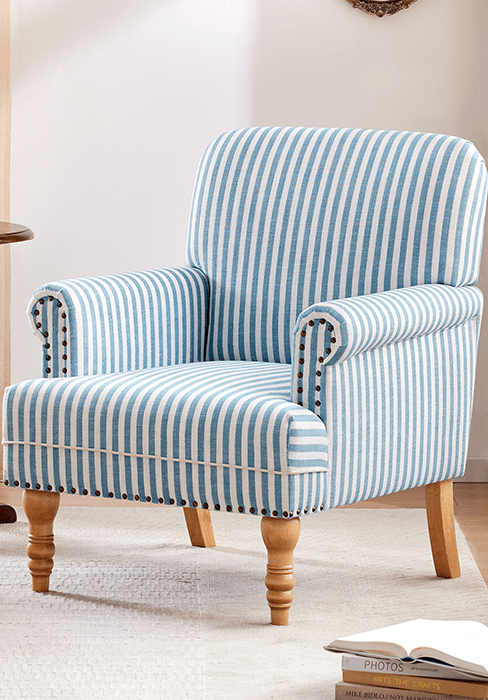 HUIMO Linen Fabric Accent Chair, Mid-Century Modern Armchair with Solid Wood Legs, Single Sofa Chair,Upholstered Reading Club Chair (1, Dark Blue and White Stripe)