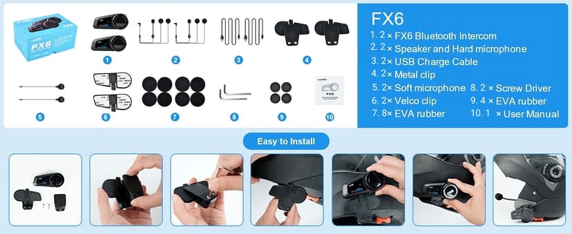 Fodsports FX6 Motorcycle Bluetooth Headset, 6 Riders Group Motorcycle Intercom Bluetooth, 1000M Motorbike Helmet Communication Systems/Voice Command/Universal Pairing/FM Radio(2 Pack)