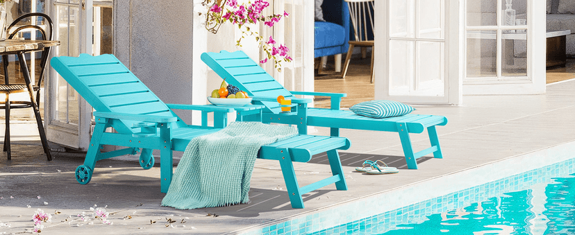 ONBRILL Patio Chaise Lounge Set of 2, Outdoor Lounge Chairs with 5-Level Adjustable Backrest, CupHolder, No Fade, No Break, 350lbs Capacity, HDPS Material, Blue
